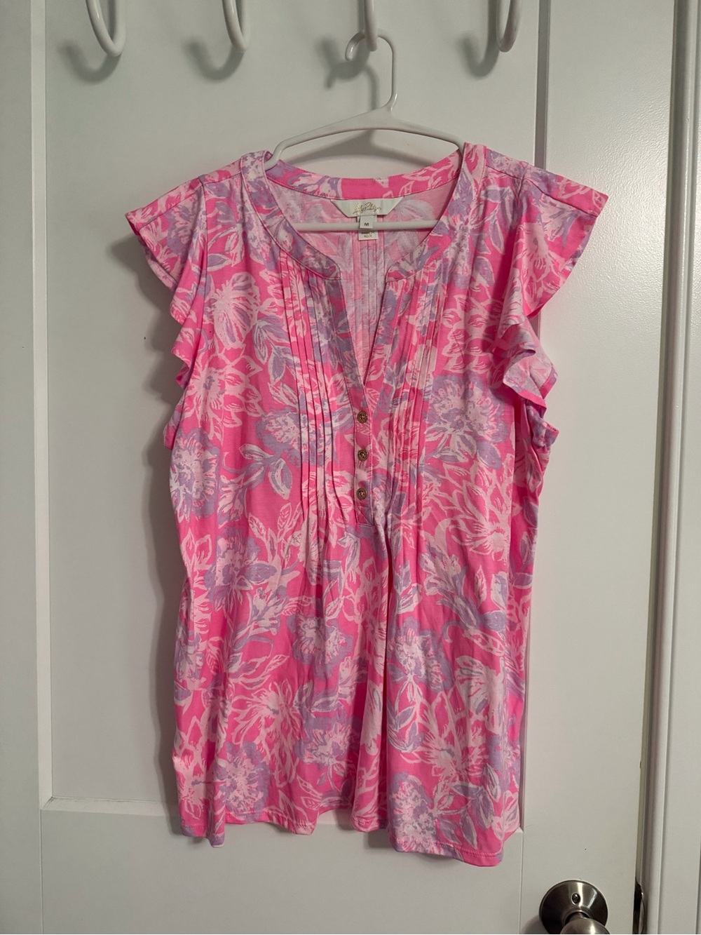 Lilly Pulitzer Pink & Lavender Floral Pintuck Flutter Sleeve Top
